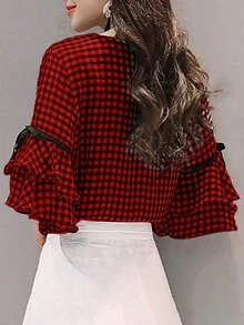 女士格子圆领喇叭袖宽松休闲衬衫，春夏