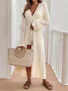 Chiquease Women's Spring/Autumn Long Sleeve Lace-Up Maxi Cardigan With Wave Pattern - Apricot - View 6