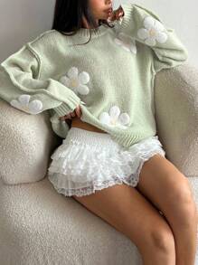 Flirla Áo len dài tay hở vai họa tiết hoa mùa đông cho nữ, trang phục mùa thu, áo dài tay - màu xanh lá - Xem 1