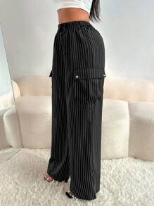 Zolique Striped Trousers With Thigh Pocket Detail Fall Cloth For Women - Black and White - View 3
