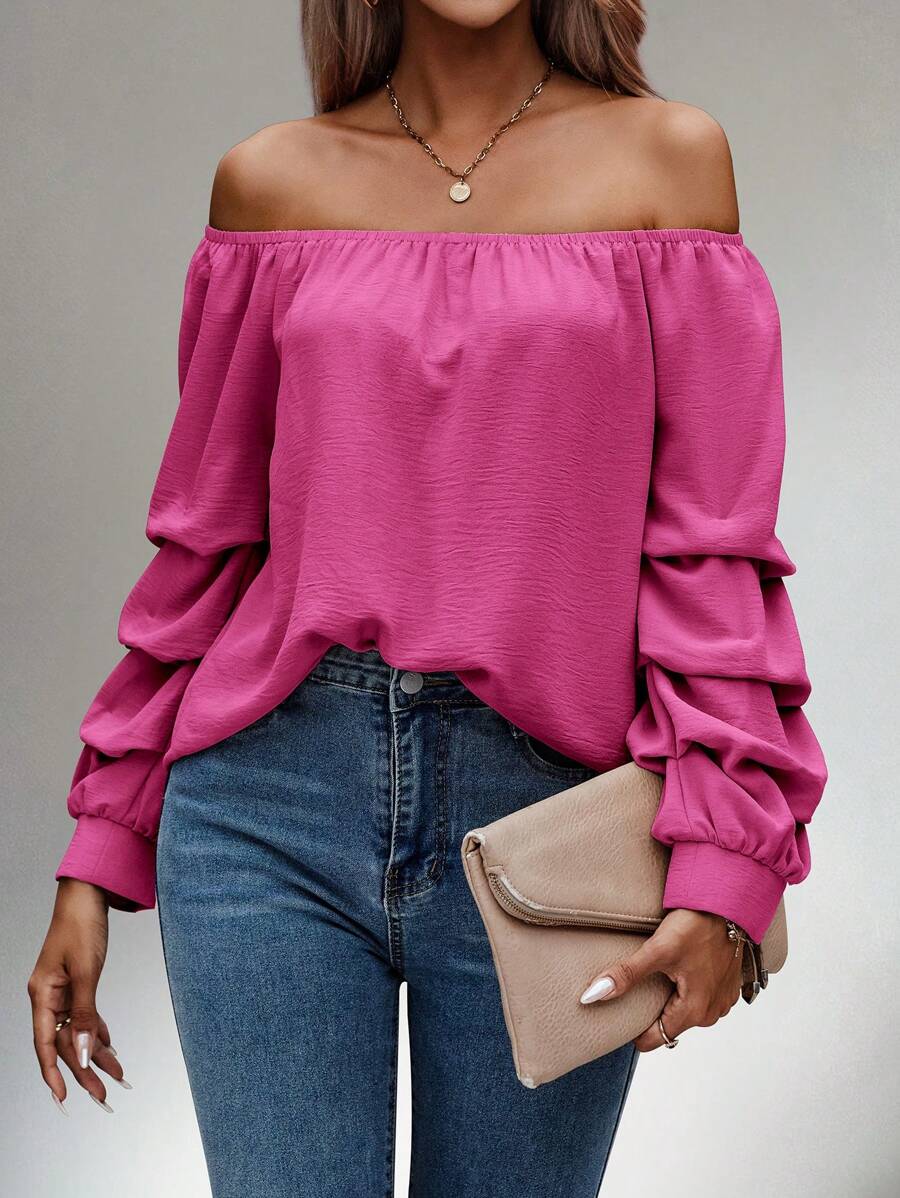 SHEIN Clasi Blusa Sólida Con Hombros Descubiertos, Manga Larga Plisada - Rosa Fucsia - Ver 1