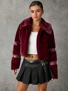 SHEIN BAE Women's Solid Long Sleeve Turndown Collar Casual Loose Fluffy Jacket, Winter Fall Women Jackets Winter Women Coat Winter Women Clothes Fur Coat Red Burgundy Women Fur Coat - Burgundy - View 3