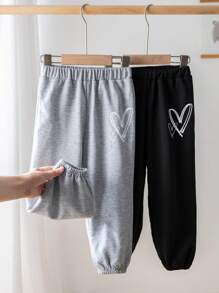 SHEIN 2pcs Young Girl Heart Pattern Knit Loose Drawstring Ankle Length Sweatpants Set - Multicolor - View 4