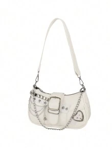 ROMWE Kawaii New Sexy Women Crossbody Bag With Chain Decor, Punk Motorcycle Ladies Crossbody Bag, Dark Cute Girl Handbag