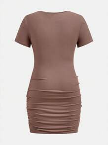 SHEIN 3pcs/Set Tween Girl Solid Color Crew Neck Fitted Casual Short Sleeve Dress Set - Khaki - View 6
