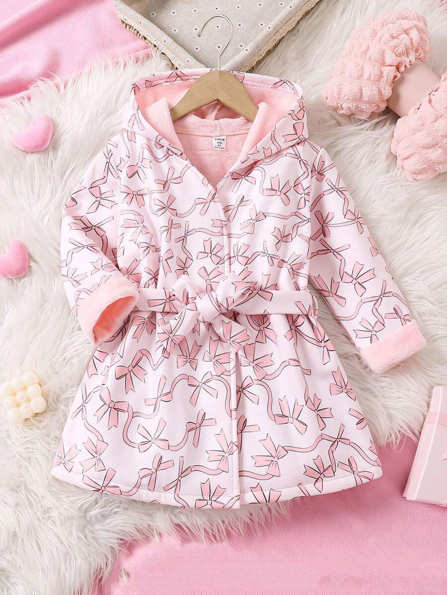 女童粉色蝴蝶全身印花长袖连帽舒适保暖睡袍
