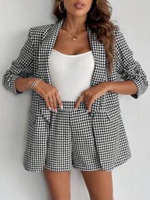 Firerie Women's Spring/Fall Houndstooth Print Ruched Collar Half Sleeve Blazer And Shorts Casual Office Suit, Winter, Business Casual, Elegant, Black And White Plaid