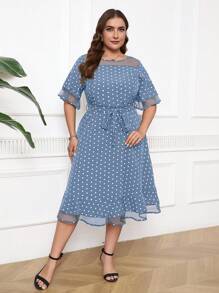 SHEIN Clasi Plus Size Mesh Contrast Polka Dot Print Short Sleeve Lace-Up Casual Dress, For Summer - Dusty Blue - View 3