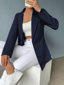SHEIN Essnce 女士纯色翻领长袖商务休闲西装外套 - 寶藍色 - 查看 3