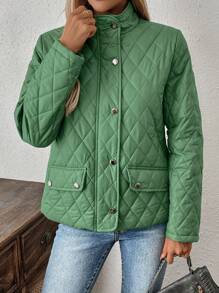EMERY ROSE Women's Plain Front Button Closure Long Sleeve Pocket Casual Padded Coat