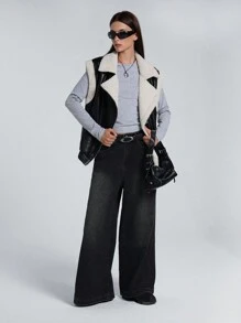 LYSMO Veste régulière à col duveteux patchwork pour femme, automne-hiver - Multicolore - Voir 1