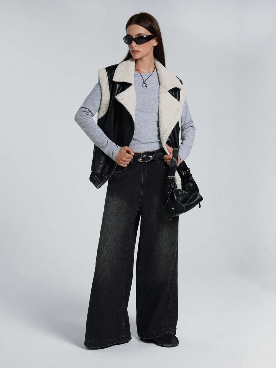 LYSMO Veste régulière à col duveteux patchwork pour femme, automne-hiver - Multicolore - Voir 1