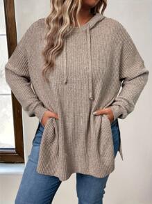 Plus Size Hooded Loose Pullover Sweater For Women, For Winter Knit Pullover Fall - Khaki - View 1