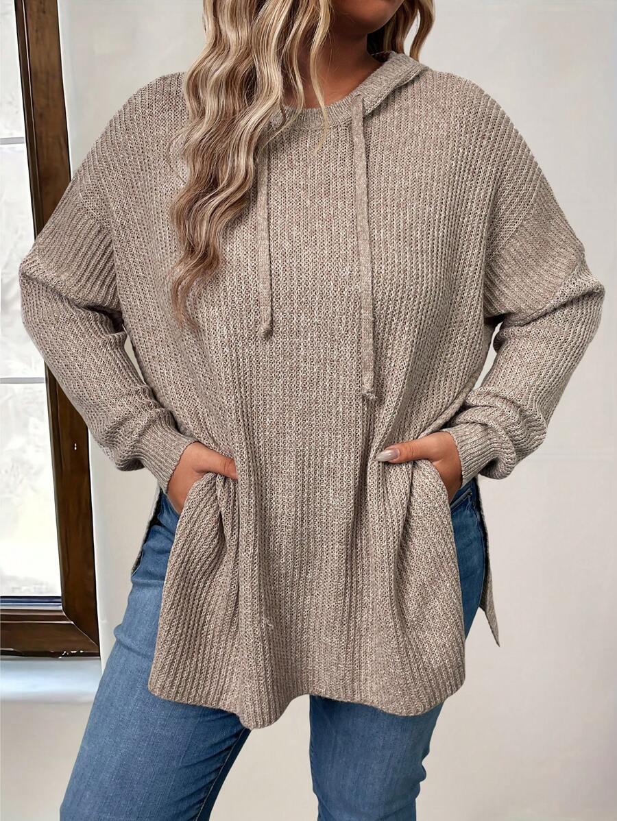 Plus Size Hooded Loose Pullover Sweater For Women, For Winter Knit Pullover Fall - Khaki - View 1