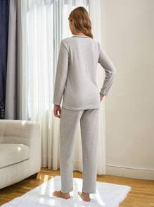 SHEIN Cottnline 100% Cotton 2Pcs   Slogan Printed With Contrast Stitching Detail Lounge Set - Light Grey - View 2