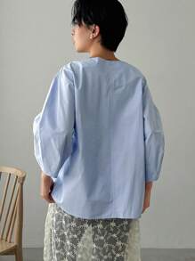 FRIFUL Blusa holgada con diseño hueco de manga farol de unicolor para mujer, primavera/verano - Celeste - Ver 5