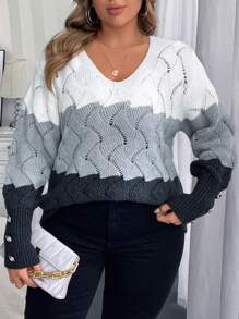 Calvaya Plus Size Colorblock V-Neck Long Sleeve Casual Pullover Sweater Knit Pullover Fall Winter - Grey - View 6