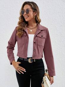 SHEIN LUNE Plain Front Button Long Sleeve Pocket Simple Short Jacket, Casual Daily Wear - Coral Pink - View 5