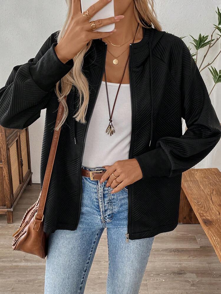 Damen Jacke mit Raglanärmeln, Kordelzug und Kapuze, Lässig Struktur-Optik für Frühjahr und Herbst