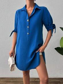 RueChic Roll Up Sleeve Coconut Button Front Shirt Dress - Navy Blue - View 3