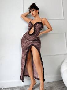 SHEIN SXY Sexy Ruched Ruffle Hem Floral Printed High Slit Sleeveless Dress With Elastic Mesh Fabric See-Through Outfit - Chocolate Brown - View 5