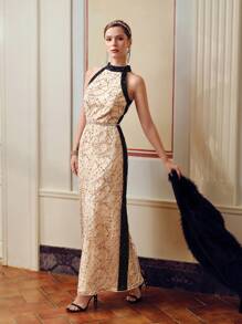 ZEYLAH SEQUINS COLORBLOCK HALTER NECK LONG DRESS - Champagne - View 6