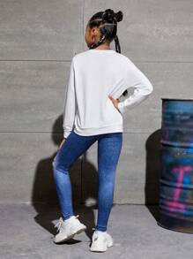 Set de 2 piezas de sudadera con gráfico y leggings con efecto de mezclilla para niñas preadolescentes - Multicolor - Ver 2
