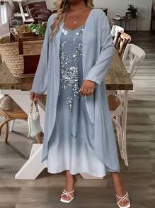 SHEIN 2pcs Plus Size Spring & Autumn Elegant Lace Dress Set Fall Cloth For Women - Blue - View 3