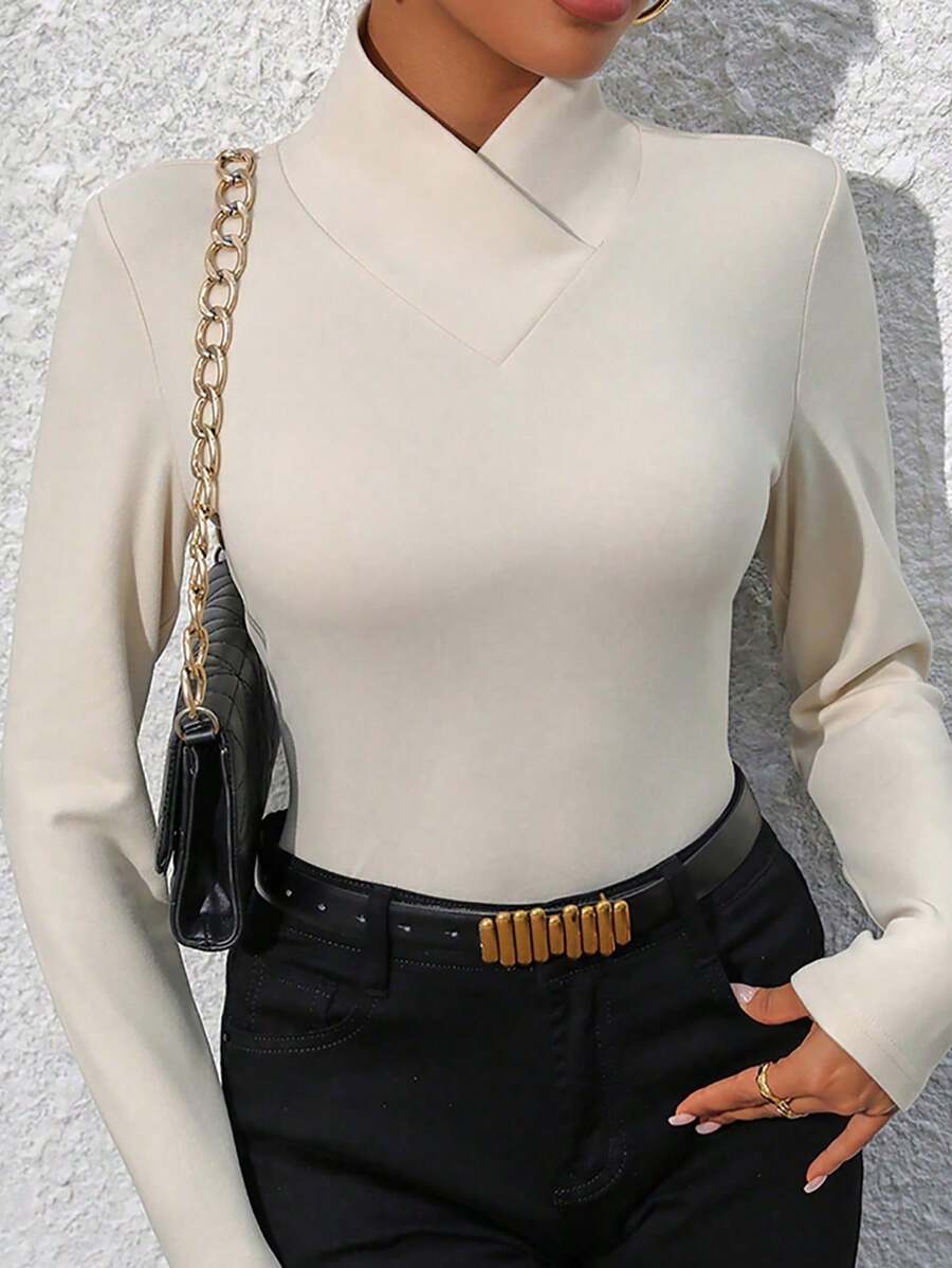 SHEIN LUNE Solid Overlap Neck Tee Fall Cloth For Women - Apricot - View 1