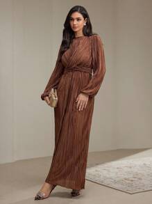 Veilorie 女士优雅纯色扭结腰带褶皱连衣裙，春秋季款，端庄得体 - 巧克力棕 - 查看 8