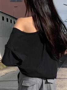 INAWLY 女士夏季标语印花不对称领口短袖休闲 T 恤图案 T 恤女式上衣 - 黑色 - 查看 2