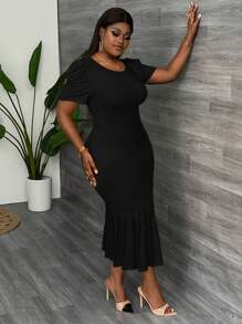 Slaydiva Váy dài ngang gối xếp ly tay raglan màu trơn thanh lịch cỡ lớn, màu vàng, mùa hè - màu đen - Xem 4