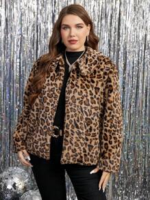 SHEIN Clasi Plus Size Casual Leopard Print Fleece Jacket, Fall/Winter