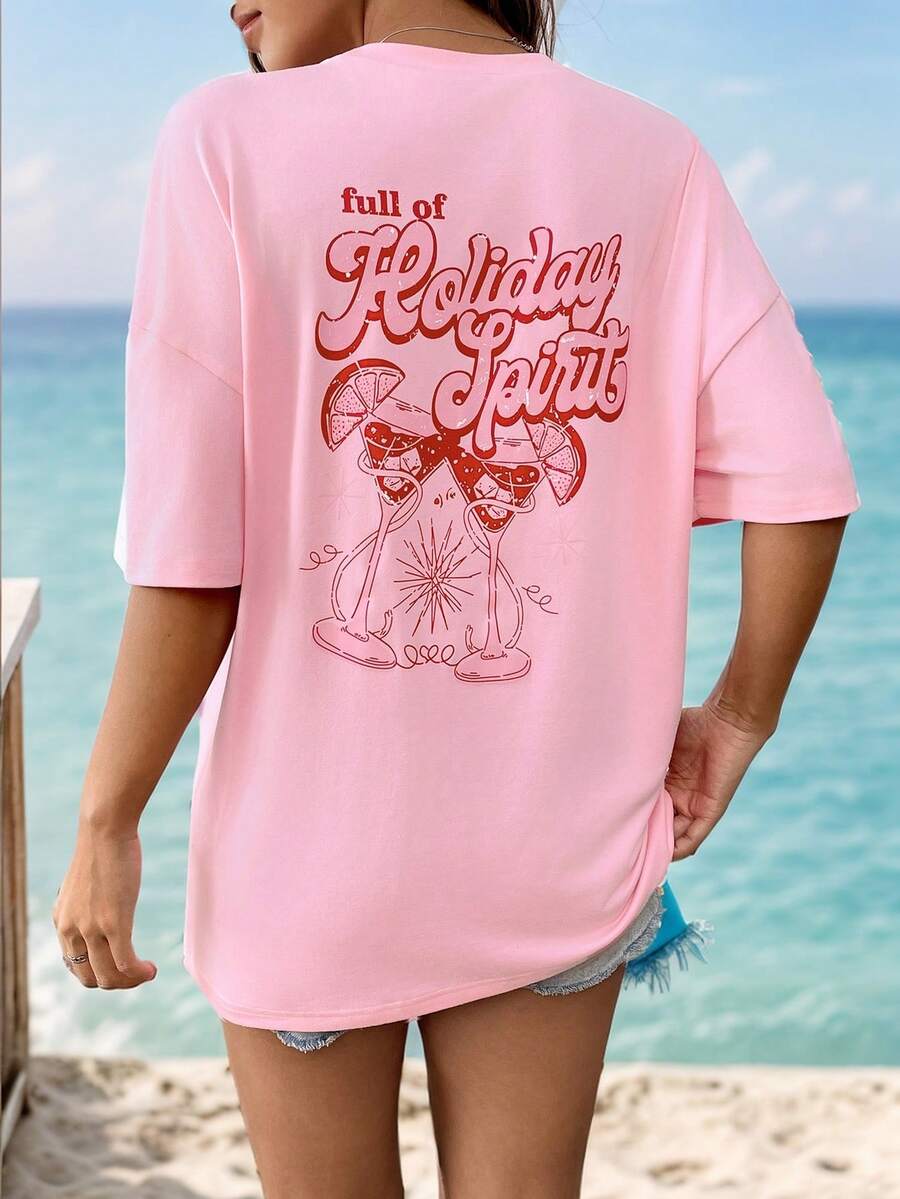 Breezaya 女式夏季标语饮料印花宽松休闲圆领落肩 T 恤 - 粉色 - 查看 1