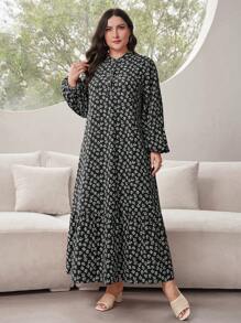 Al Najma Plus Size Ditsy Floral Lantern Sleeve Long Dress For Spring & Autumn, For Summer - Black and White - View 6
