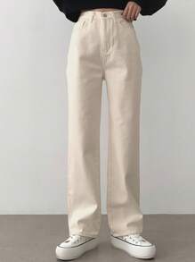 DAZY Women's Solid Color Patch Pocket Straight Leg Loose Casual Pants - Apricot - View 1