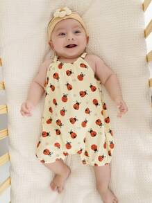 Cozy Pixies Newborn Baby Girl/Boy Multicolor Cartoon Insect/Animal Pattern Knitted Soft Comfortable Breathable Round Neck Sleeveless Romper Shorts, 2pcs Set, With Opening Buttons, Suitable For Summer Leisure Outfits At Home, Outdoors, Vacations, Travels, Beach, Seaside, Etc.