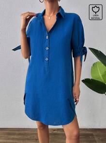 RueChic Roll Up Sleeve Coconut Button Front Shirt Dress - Navy Blue - View 1