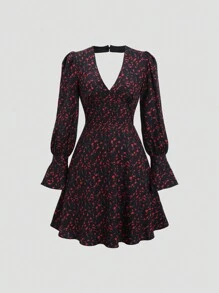 SHEIN Unity Women's Floral Print V-Neck Flared Sleeve Elegant Dress, Spring Summer Fall Cloth For Women - Red and Black - View 1