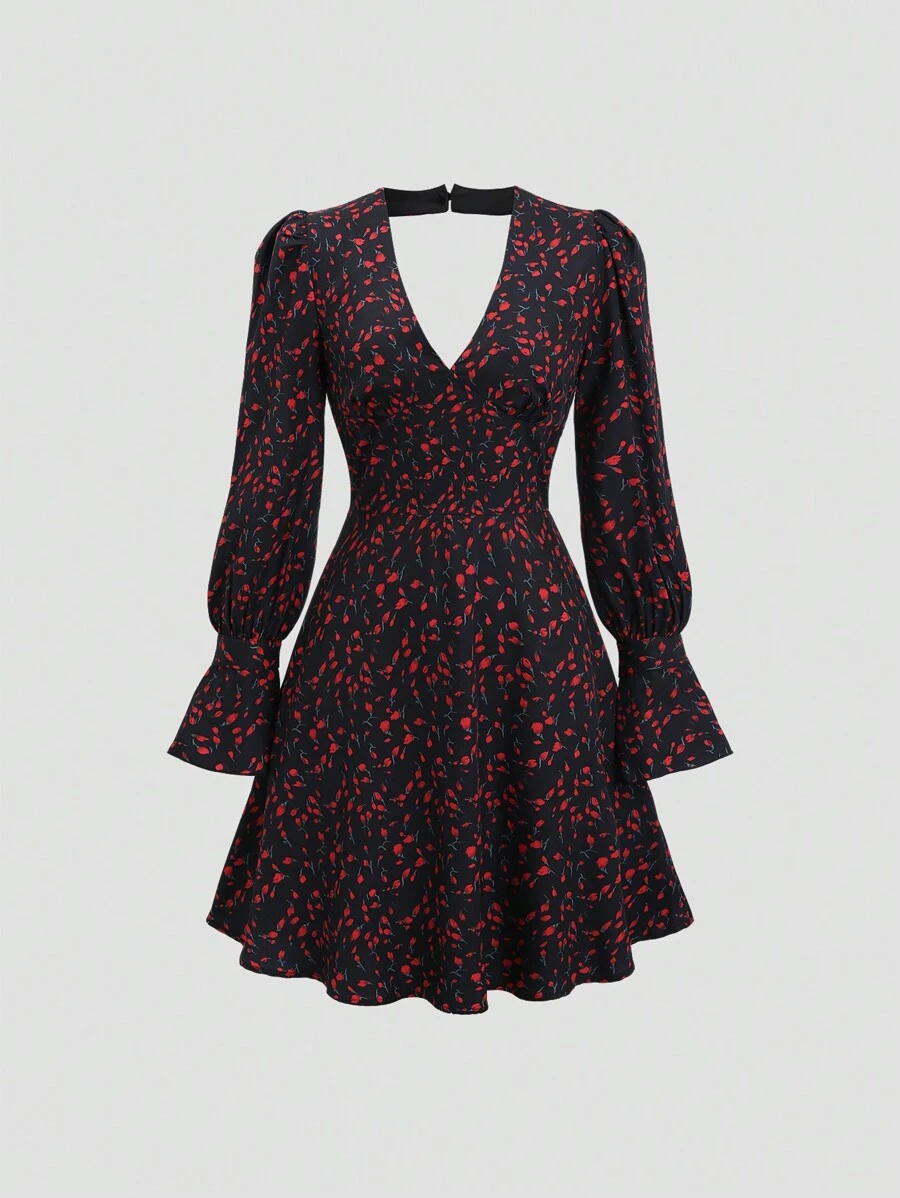 SHEIN Unity Women's Floral Print V-Neck Flared Sleeve Elegant Dress, Spring Summer Fall Cloth For Women - Red and Black - View 1
