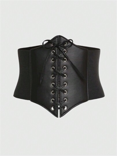 Goth Lace-Up PU Leather Bustier With Belt (Halloween)