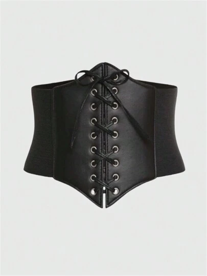 ROMWE Goth Corpetto in pelle PU con lacci e cintura (Ognissanti)