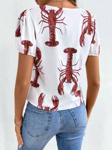 Chiquease All-Over Lobster Print Short Sleeve Button-Down Shirt, Casual Everyday Wear