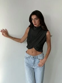 Aloruh 女式简约无袖立领不对称下摆休闲黑色短款上衣 - 黑色 - 查看 7