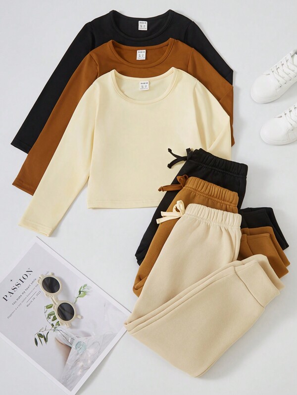 SHEIN Vintaside Kids 2pcs/Set Young Girl And Young Girl Casual Multi-Color T-Shirt Top + Multi-Color Pants Suit, Versatile All-Match Outfit For Fall/Winter, Suitable For Pairing With Various Jackets, Coats For Daily Outings