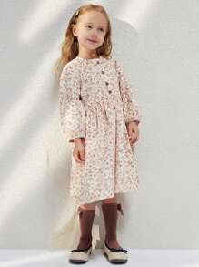 Blossori 年轻女孩法式优雅米色迷你花卉编织宽松圆领长袖连衣裙，秋冬 - 白色 - 查看 5