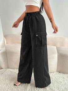 Zolique Striped Trousers With Thigh Pocket Detail Fall Cloth For Women - Black and White - View 5