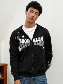 Manfinity VCAY بلوزة رياضية كاجوال مريحة للرجال بطبعة حرفية، كم طويل مع قلنسوة، سحاب أمامي، مناسبة للخريف والشتاء - الأسود - مشاهدة 1