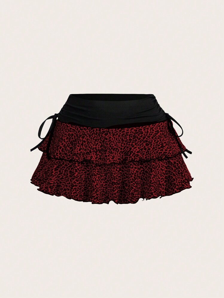 SHEIN EZwear Jupe évasée froncée à volants avec imprimé léopard