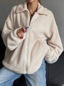 DAZY 女士秋冬宽松休闲翻领落肩长袖抓绒外套，保暖内衬女式大衣 - 米色 - 查看 4